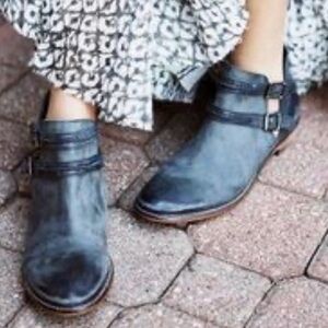Free People Slate Blue Leather Ankle Booties with Buckle Straps